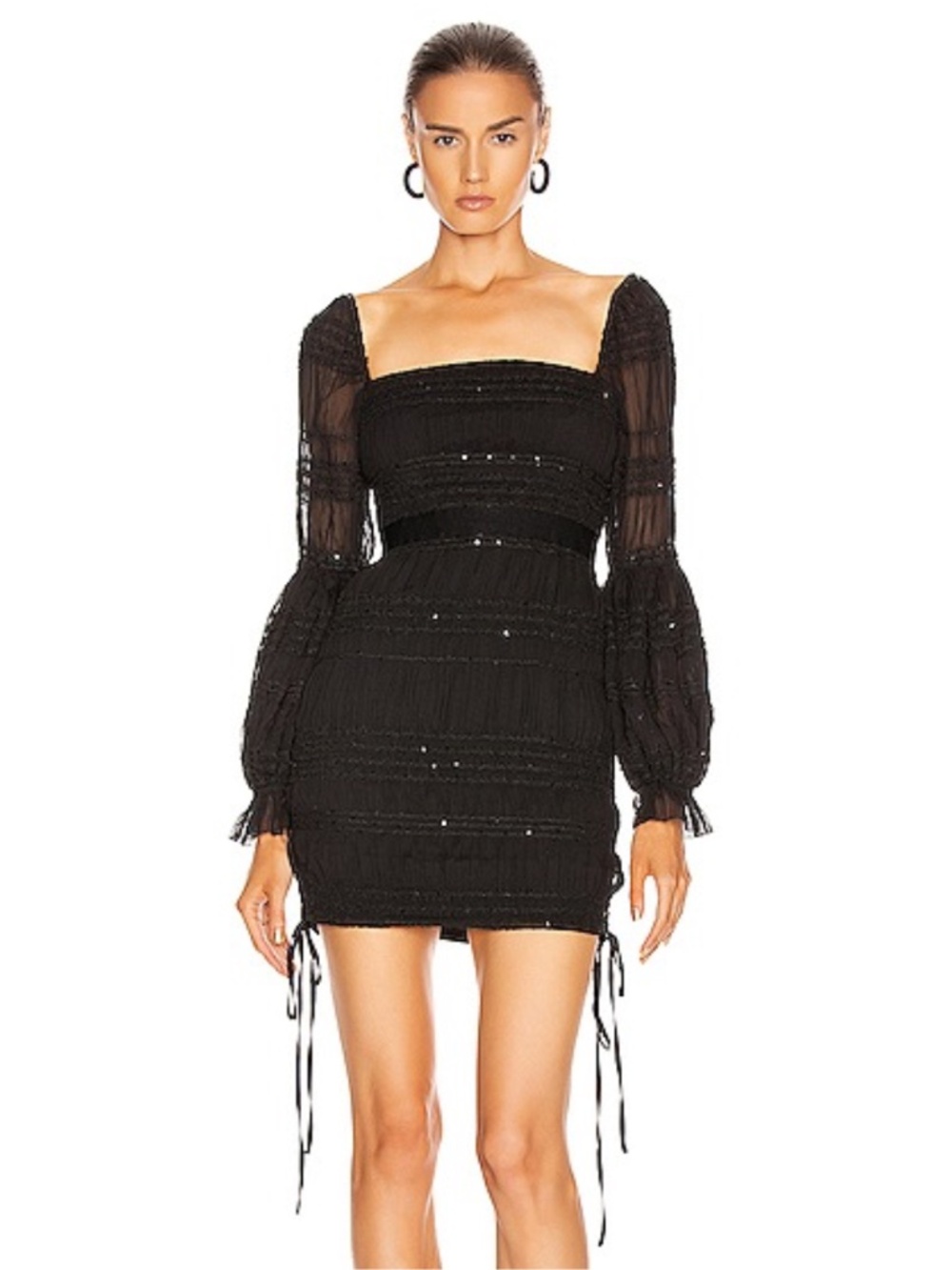 NEW Self-Portrait Shirred Chiffon Dress Black 6